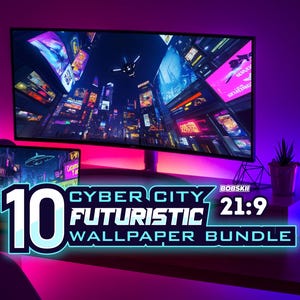 Könnte beinhalten: Ein Set mit 10 futuristischen Cyberpunk-Stadt-Hintergrundbildern im Format 21:9. Das Bild zeigt einen Computermonitor und einen Laptop, auf denen die Hintergrundbilder angezeigt werden, mit neonrosa und -blauem Licht.