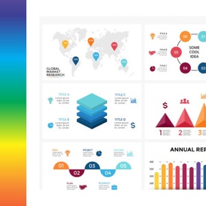 May include: A colorful infographic with the word "MARKETING" in large white letters on the left side. The infographic includes a world map with colored pins, a circular chart with the words "SOME COOL IDEA", a stacked bar chart, a line chart, and a bar chart with the title "ANNUAL REPORT".