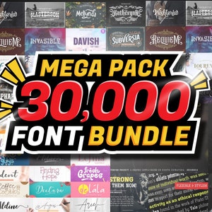 Può includere: Un collage di font colorati con il testo "MEGA PACK 30,000 FONT BUNDLE" in rosso e giallo.