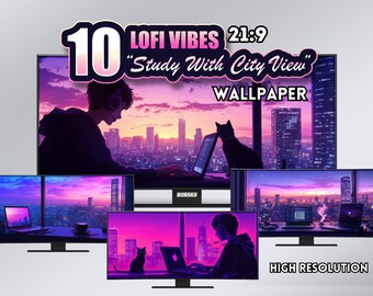 Fondo de pantalla panorámico LOFI con vista a la ciudad: el fondo perfecto en formato 21:9 para relajarse.