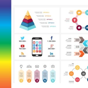 May include: A colorful infographic with a pyramid, a circle, and a hexagon, each with different sections. The pyramid has five levels, the circle has eight sections, and the hexagon has six sections. The infographic also includes a smartphone with social media icons, a list of social media platforms with their follower counts, and a list of business terms.