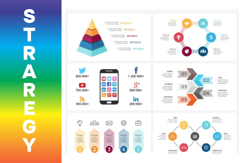 May include: A colorful infographic with a pyramid, a circle, and a hexagon, each with different sections. The pyramid has five levels, the circle has eight sections, and the hexagon has six sections. The infographic also includes a smartphone with social media icons, a list of social media platforms with their follower counts, and a list of business terms.