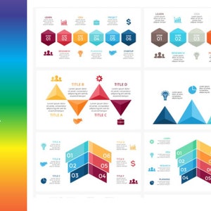 May include: A chart with six different infographic designs. The chart uses a variety of shapes, colors, and icons to represent data. The chart is divided into six sections, each with a different title. The titles are "Learn", "Idea", "Project", "Research", "Planning", and "Startup".