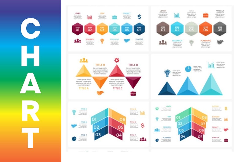 May include: A chart with six different infographic designs. The chart uses a variety of shapes, colors, and icons to represent data. The chart is divided into six sections, each with a different title. The titles are "Learn", "Idea", "Project", "Research", "Planning", and "Startup".