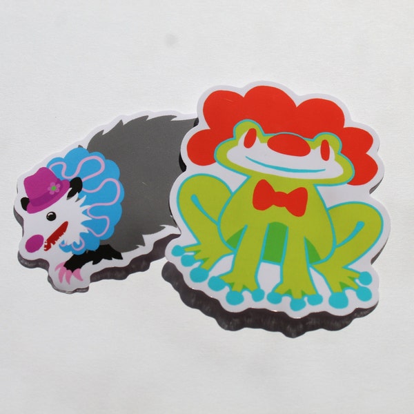 Autocollants en vinyle animal clown 3 pouces | Opossum et grenouille