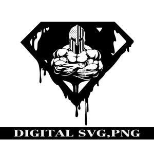 Muscled Spartan on a Dripping Shield, Digital SVG, PNG. T-shirt design. Decal design.