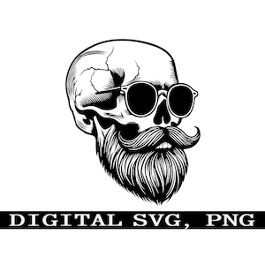 Puede incluir: Ilustración en blanco y negro de una calavera con gafas de sol redondas, barba larga y bigote. La imagen incluye el texto "DIGITAL SVG, PNG" en una pancarta negra en la parte inferior.