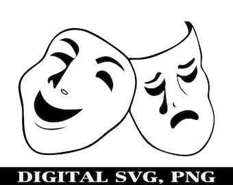 Máscaras de comedia y tragedia SVG PNG: Diseño de calcomanía para camiseta (descarga digital)