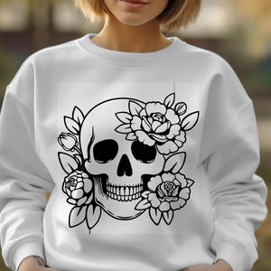 Dödskalle & Rosor SVG: Blommig Dödskalle PNG, T-shirtdekal (digital nedladdning)