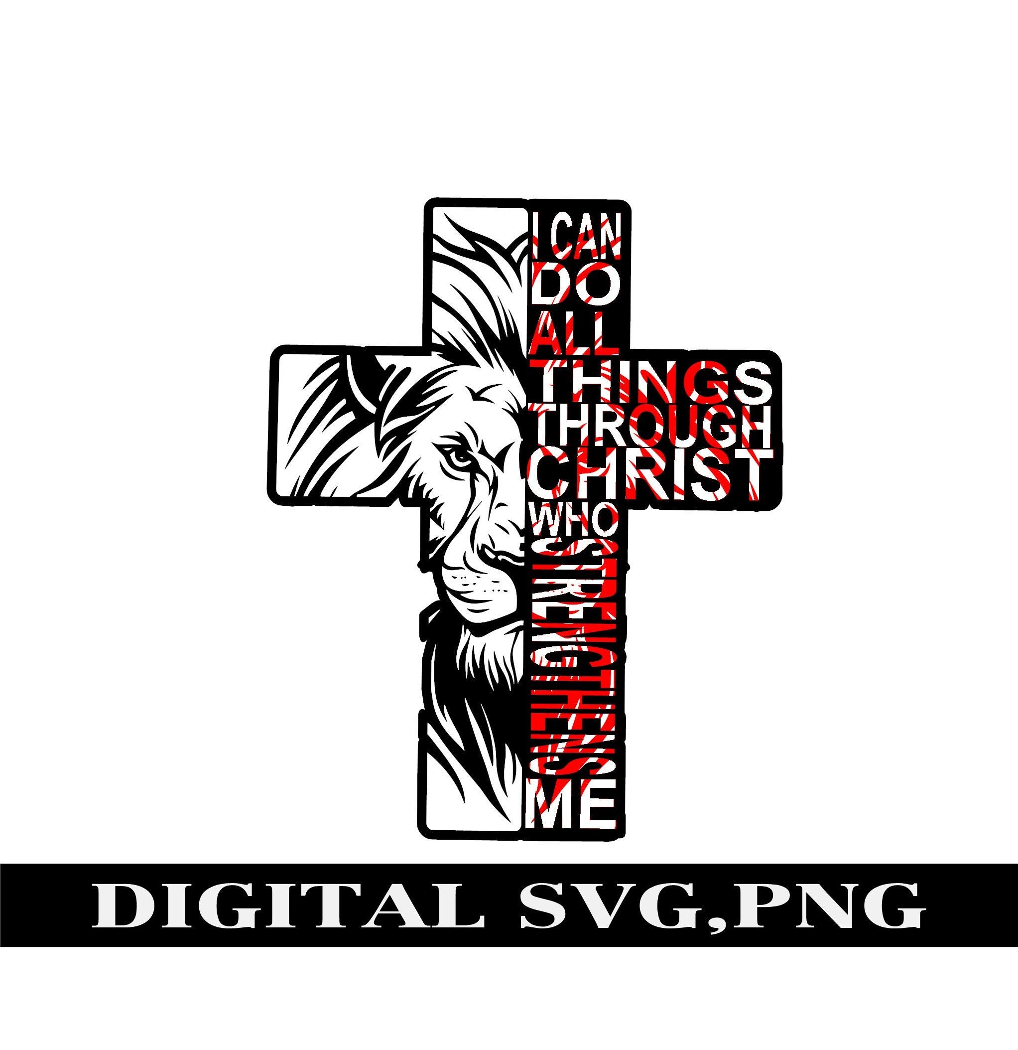 Lion cross png, I Can Do All Things Through Christ cross png. Digital PNG. T-shirt PNG. Philippians 4:13. Religious cross png.