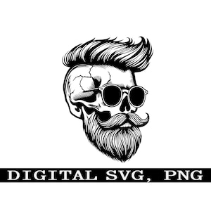 Totenkopf mit Bart, Brille und Haaren. Schädelhaar. Schädel Bart svg. Brille svg. Digitales PNG, SVG. T-Shirt Design. Aufkleber Design.