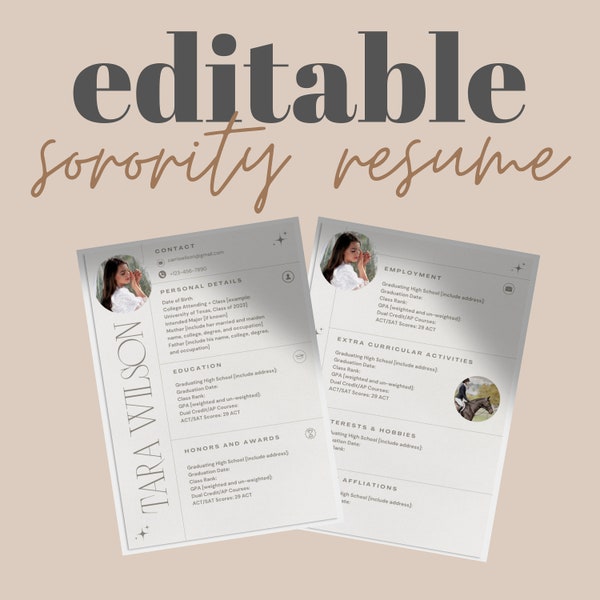 Editable Sorority Resume Template with Photo - Join Greek Life! Customizable CV for Sorority Sisters | Rush Week perfect presentation.