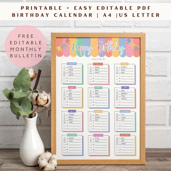 EDITABLE Printable Pdf Birthday Calendar|Free Editable Birthday Monthly Tracker A4 US Letter Size Office Classroom Kids Nursery Display Wall