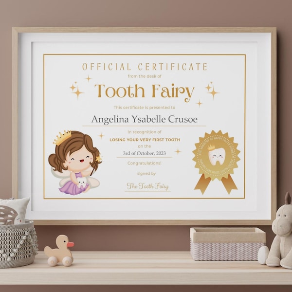 EDITABLE Printable FIRST Tooth Fairy Certificate Pdf | Sizes A4 US Letter and 8 x 10in