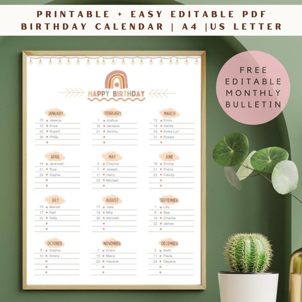 EDITABLE Printable Pdf Birthday Calendar | Boho Inspired Theme Free Birthday Monthly Tracker A4 US Letter Classroom Office Nursery Kids