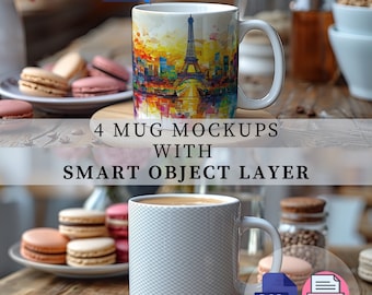 Lot de 4 maquettes de tasses blanches | Maquette de tasse avec objet intelligent | Maquette de tasse à café | Lot de maquettes de tasses | Modèle de tasse de café sublimation