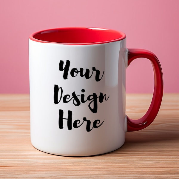 Red Handled white Mug Mockup Coffee Cup with Red Handle Mockup Mug Mockup Ceramic Colored Interior Mugs with Red Handle