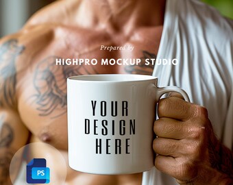 Mal MUGG-mockup | Muggmodell med smarta objekt | fitnessmuggmodell för män | PSD-muggmodell | man som håller en mugg | mugg för bodybuilding