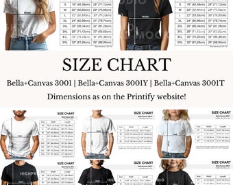 8x Bella Canvas 3001 Size Chart |  Bella Canvas 3001Y Size Chart | Bella+Canvas 3001T Size Chart | Size Chart Mockup | Tshirt Sizing Chart
