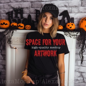 Weißes T-Shirt Mockup Halloween Emo Mockup Weißes Bella Canvas 3001 Mockup T-Shirt Mockup Bundle Herbst Mockup gruseliges Halloween