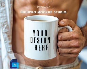 Mal MUGG-mockup | Muggmodell med smarta objekt | fitnessmuggmodell för män | PSD-muggmodell | man som håller en mugg | mugg för bodybuilding