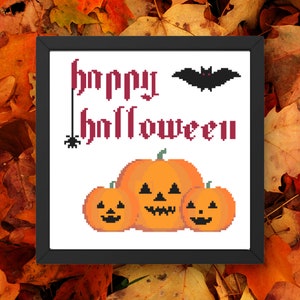 Happy Halloween holiday cute pumpkin home decor easy cross stitch pattern digital pdf download