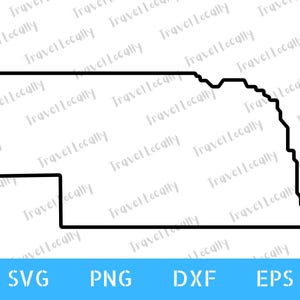 May include: A black outline of the state of Nebraska, with the text "Travel Locally" repeated diagonally across the background. Below the state outline are the letters "SVG", "PNG", "DXF", and "EPS" in white text on a blue background.