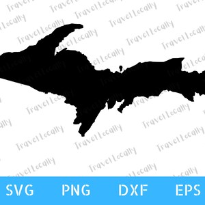 Può includere: Una silhouette nera della Penisola Superiore del Michigan, USA, su sfondo bianco. L'immagine include il testo "SVG", "PNG", "DXF" e "EPS" in lettere bianche su una barra blu in basso. La filigrana "Travel Locally" è presente.
