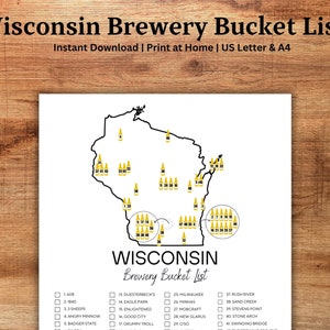 Lista de baldes da cervejaria de Wisconsin para impressão | Lista de verificação de viagens nos EUA | Explore o diário e o mapa de ideias | Carta dos EUA | A4