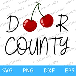 Puede incluir: Un diseño gráfico en blanco y negro con el texto "DOOR COUNTY" en una fuente de escritura a mano. Dos cerezas rojas con tallos verdes están por encima del texto.