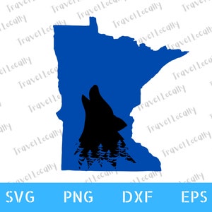 May include: A blue silhouette of the state of Minnesota with a howling wolf silhouette inside. The wolf is surrounded by a forest of pine trees.