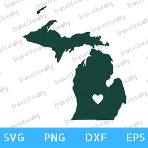 May include: A dark green silhouette of the state of Michigan with a white heart shape in the lower peninsula. The image includes the text "SVG", "PNG", "DXF", and "EPS" in a blue banner at the bottom.