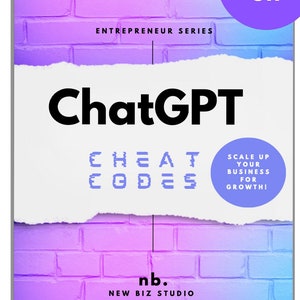 Könnte beinhalten: Ein rosa-blauer Ziegelhintergrund mit einer weißen, zerrissenen Papierebene. Der Text "ChatGPT" ist in großen schwarzen Buchstaben. Der Text "Cheat Codes" ist in kleineren schwarzen Buchstaben. Der Text "Scale Up Your Business For Growth" ist in kleineren schwarzen Buchstaben. Der Text "Entrepreneur Series" ist in kleineren schwarzen Buchstaben. Der Text "nb. New Biz Studio" ist in kleineren schwarzen Buchstaben. Der Text "50% off" ist in weißen Buchstaben auf einem lila Kreis. Der Text "The perfect guide to getting started with ChatGPT!" ist in schwarzen Buchstaben. Der Text "Supercharge your business with AI", "Create engaging content", "Improve your customer service", "Time-saving tactics", "Print-friendly version included" ist in schwarzen Buchstaben. Der Text "SHOP NOW" ist in weißen Buchstaben auf einem lila Knopf.