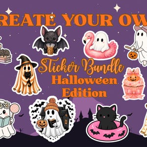 Könnte beinhalten: Ein Halloween-Sticker-Set mit verschiedenen Illustrationen wie Geistern, einer Fledermaus, einer schwarzen Katze und einem Cupcake. Der Text lautet CREATE YOUR OWN Sticker Bundle HALLOWEEN EDITION. Die Designs zeigen Geister mit Büchern.