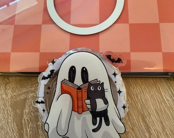 Bookish Ereader Grip Kawaii Ghost Cat - MagSafe Compatible - Bookish Gift Book Lovers - Booktok Phone Grip - Halloween Spooky Reader Gift