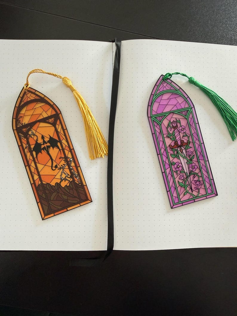 Transparent Stained Glass Acrylic Bookmark - Romantasy Fantasy Bookmark - Dragon Castle Cowboy Rose Sword - Bookish Gift Book Lover Gift image 5