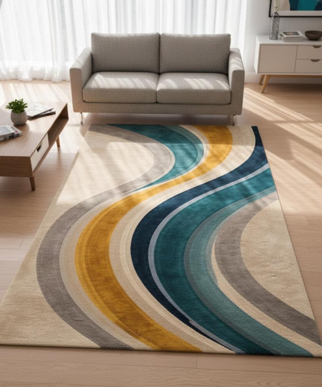 Mid-century Inspired Curved Design Rug – Teal & Mustard Hand Tufted ...
