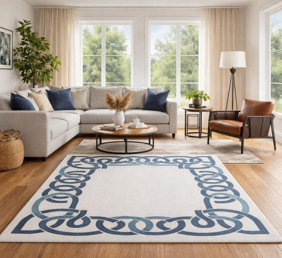Modern Blue Interlocking Border Hand Tufted Rug – Minimalist Cream Area ...