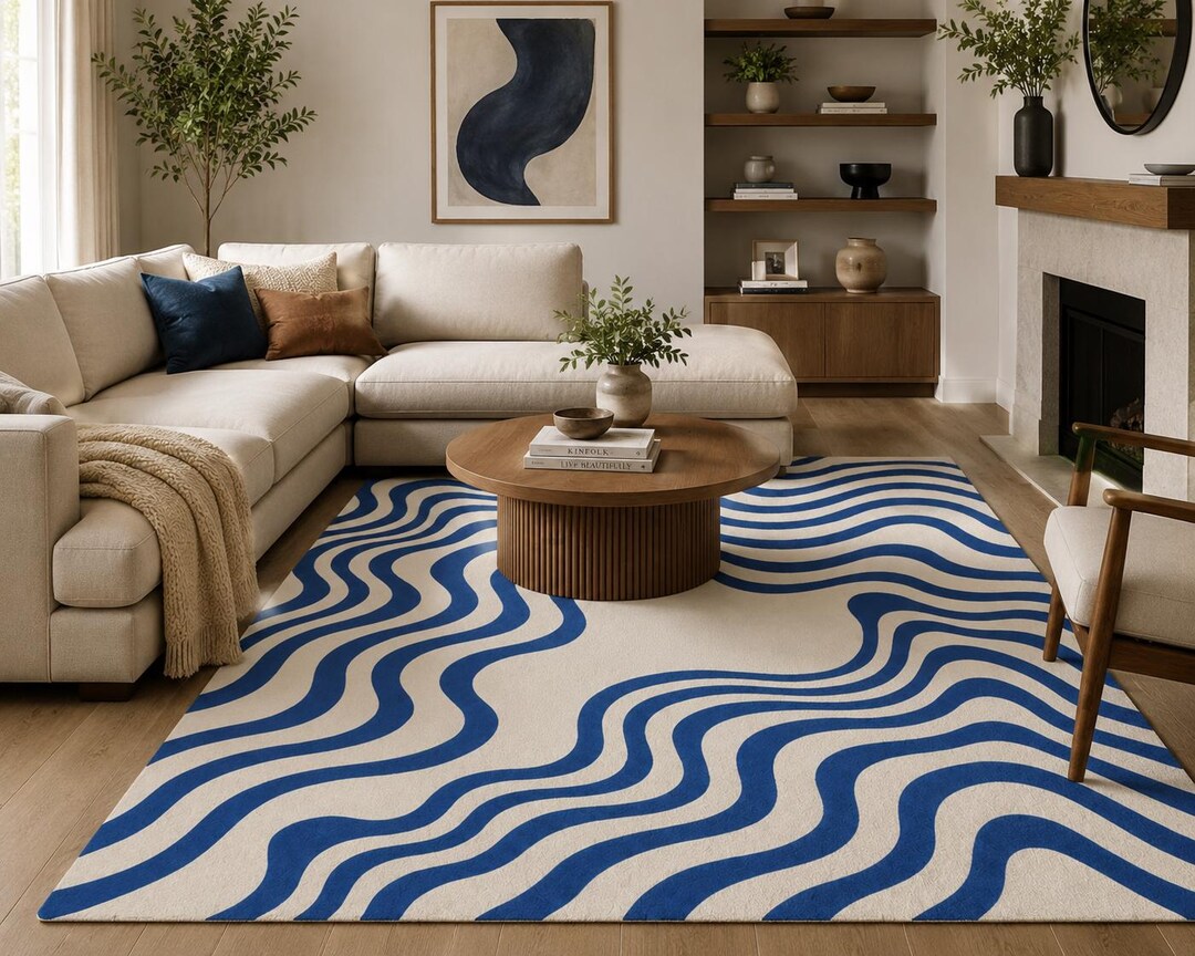 Hand Tufted Wool Rug – Abstract Blue Wave Coastal Carpet - Etsy