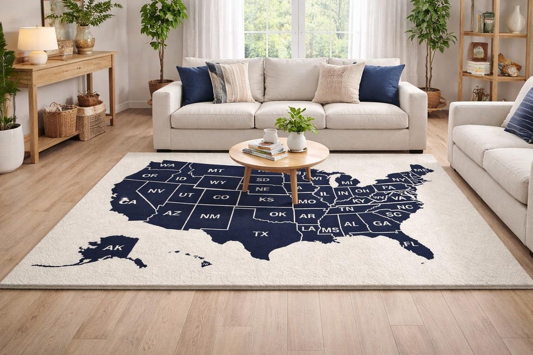 Large USA Map Area Rug, Navy Blue Hand Tufted Wool Rug, Educational ...
