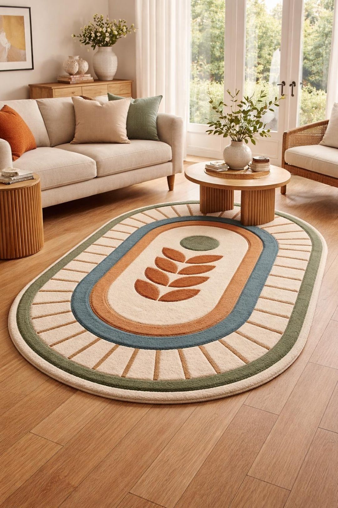 Hand Tufted Wool Oval Rug – Abstract Leaf Pattern, Earthy Tones Home ...