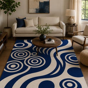 Modern Coastal Statement Rug – Blue Wave and Circle Pattern Wool Rug