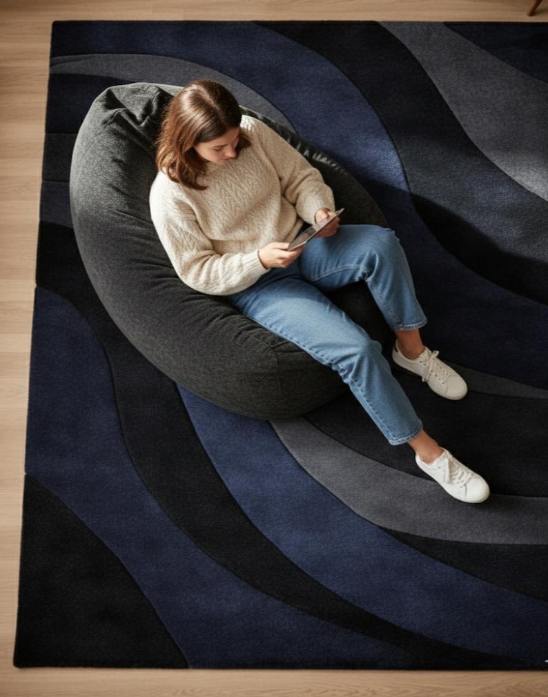 Navy Blue Abstract Wave Area Rug – Modern Hand Tufted Wool Carpet ...