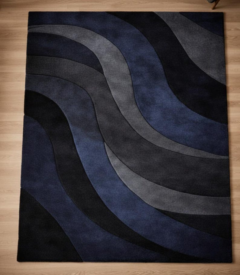 Blue Wavy Pattern Rug Navy Blue Abstract Wave Area Rug – Modern Hand Tufted Wool Carpet ...