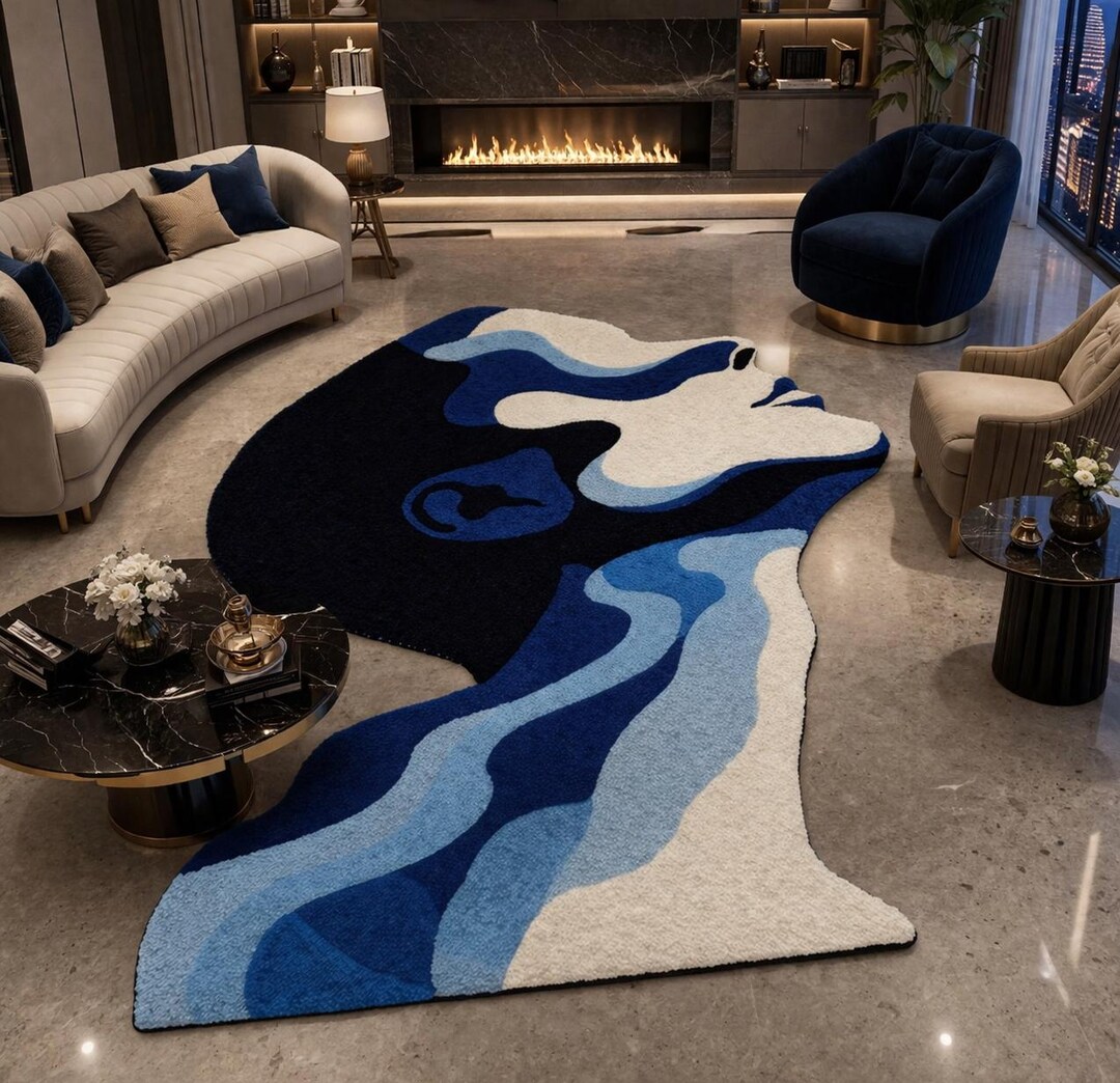 Modern Face Silhouette Rug, Handmade Wool Tufted Rug, Blue Abstract ...