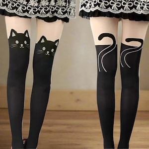 黒猫ソックス、シルク、ニーハイソックス、レギンス、猫レギンス、レディースソックス、女の子へのギフト、かわいいレギンス、ストッキング、動物レギンス、パーティー