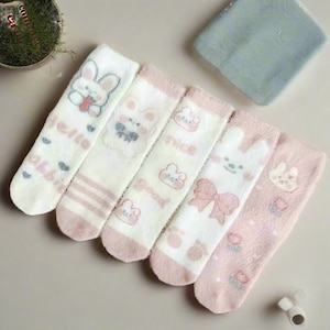 Bunny Socks, Cute Socks, Rabbit Socks, Pink Socks, Socks For Girls, Gift For Girlfriend, Furry Socks, Bowknot, Japanese, Cartoon Socks