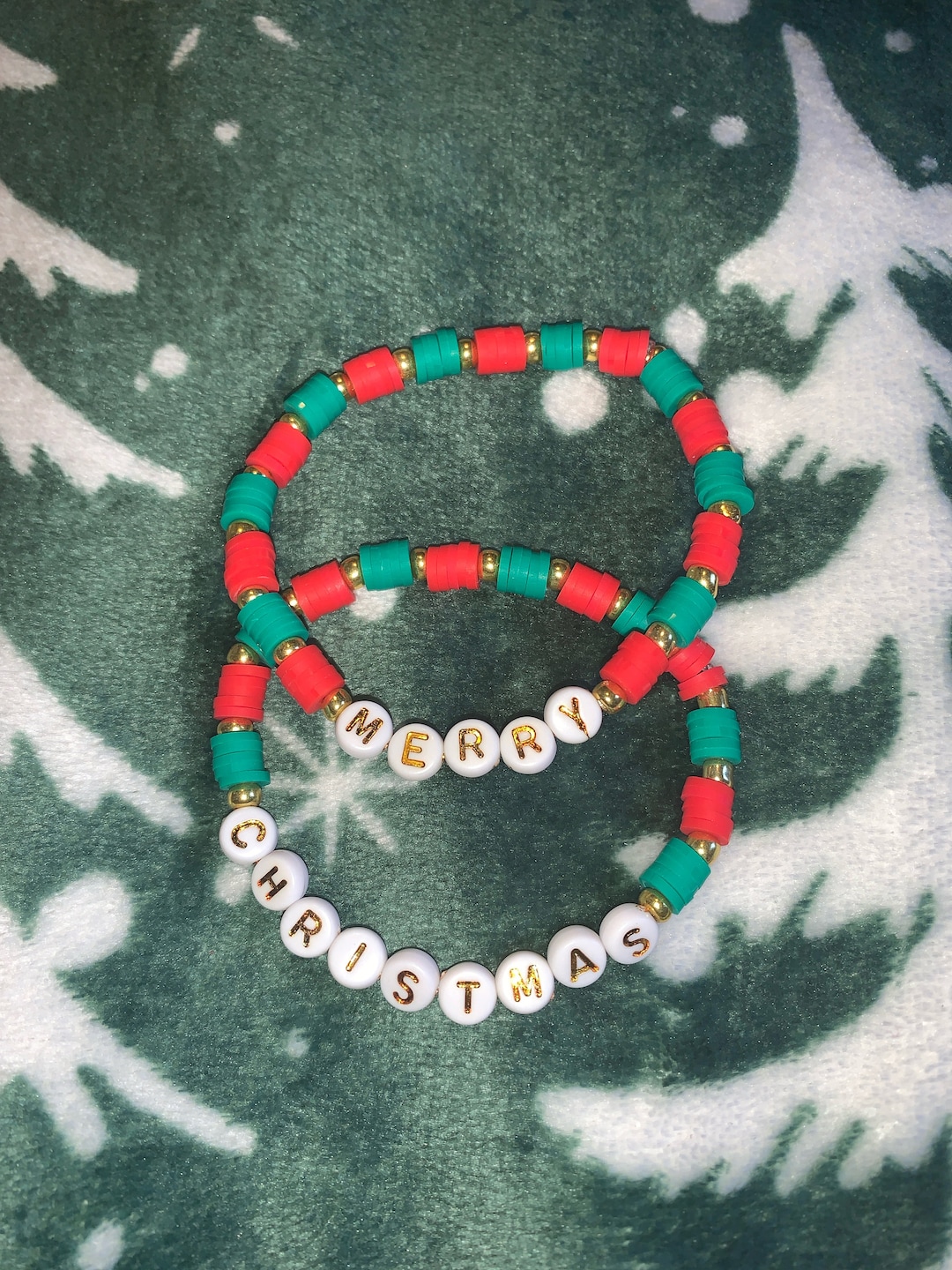 2 Christmas Clay Bead Bracelet. Red, Green and Gold That Say merry