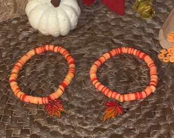 Clay bead bracelet with leaf charm
