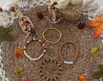 Pumpkin Spice Latte clay bead bracelet stack. Clay PSL bracelet. Clay FALL bracelet. Gold seed bracelet. Plastic crystal bracelet.